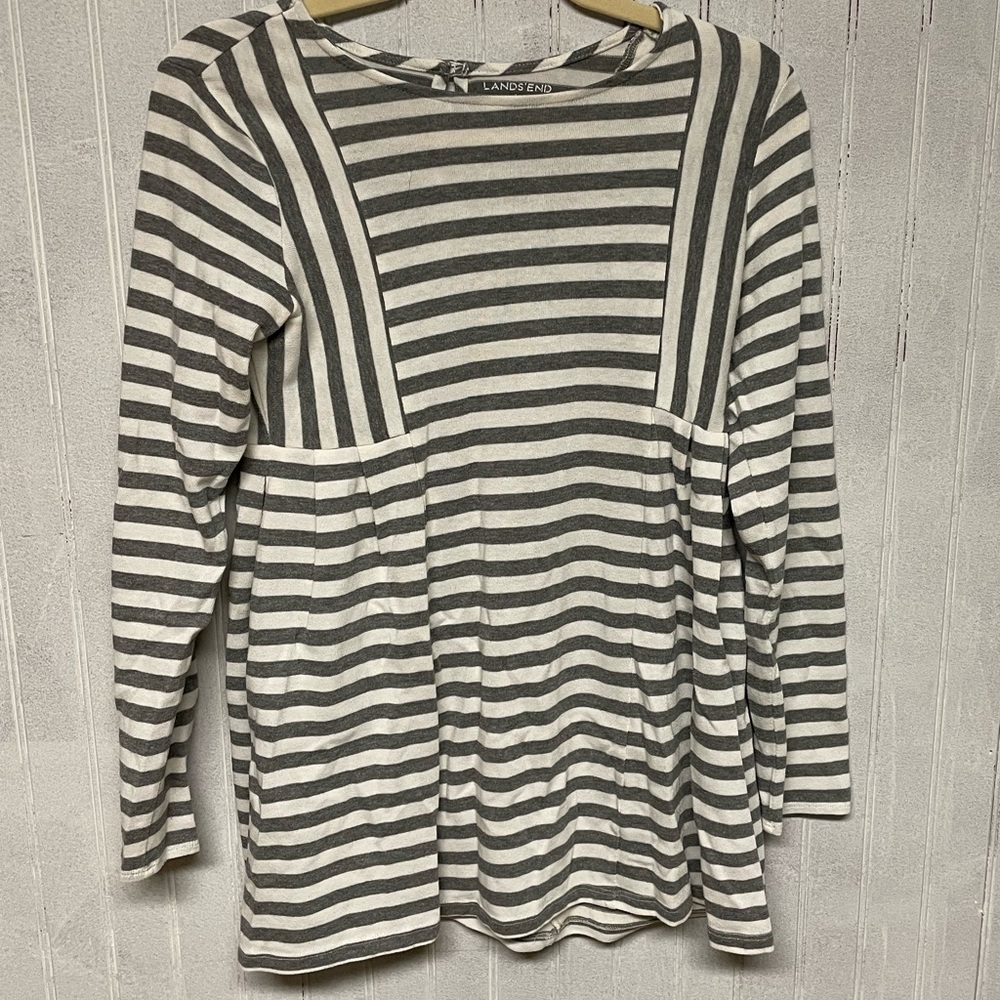 Lands End girls grey and white striped blouse size large